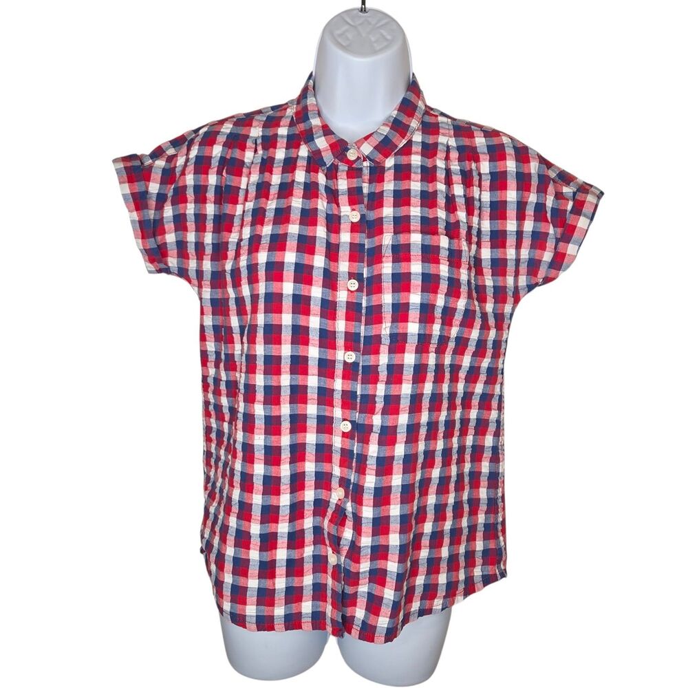Bridge & Burn Bea Shirt Womens XS Red Blue White Gingham Plaid Short Sleeve EUC